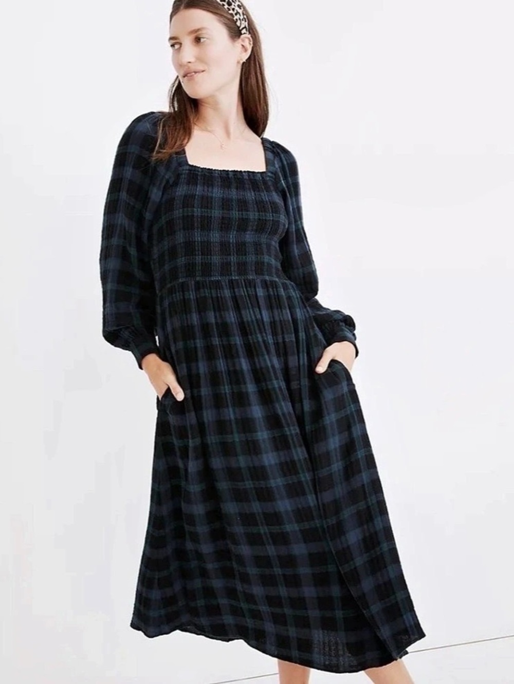 Madewell Lightspun Lucie Long-Sleeve Smocked Midi Dress in Livonia Plaid, Small